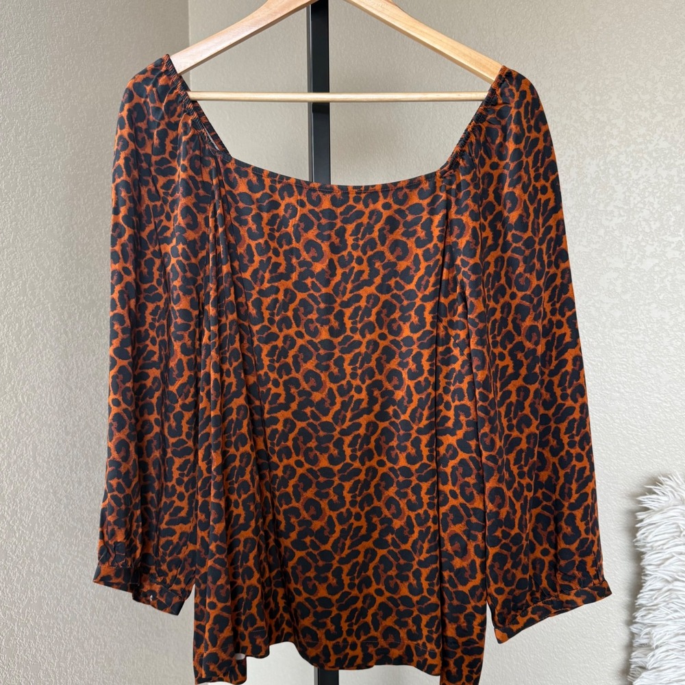 J. Jill‎ Leopard Print Square Neck Long Sleeve Blouse Top Women's Size L